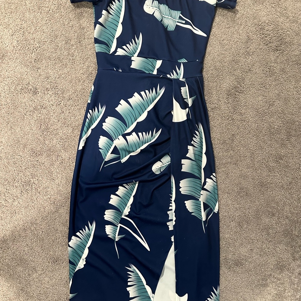 Elegant Navy Blue Leaf Print Dress